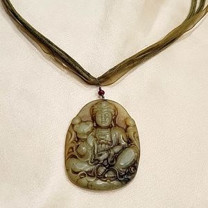 Buddha Jade Pendant on Moss Grn ribbon